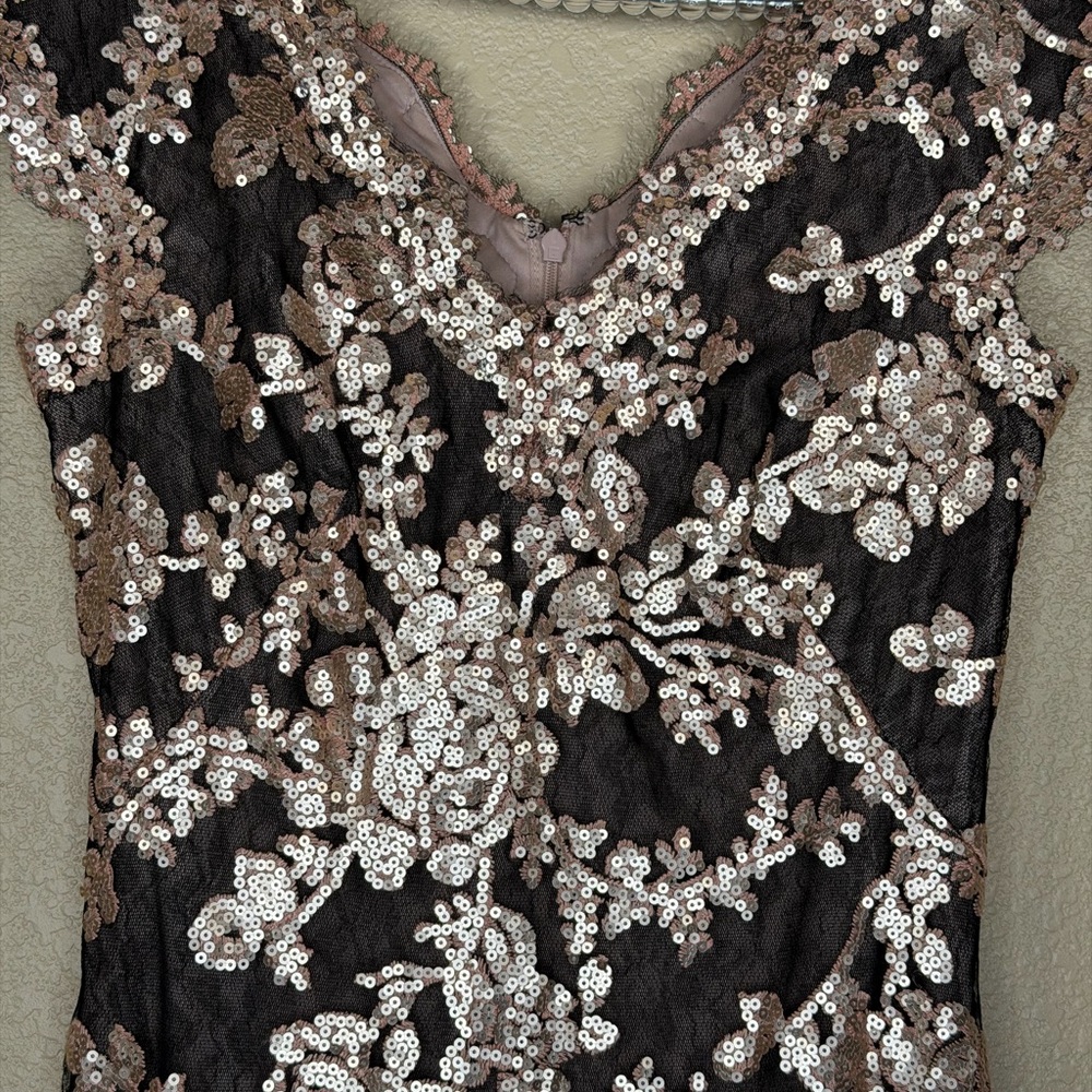 Tadashi Shoji Blush Black Floral Sequin Sheath Dress Cocktail Formal Evening - Picture 3 of 5